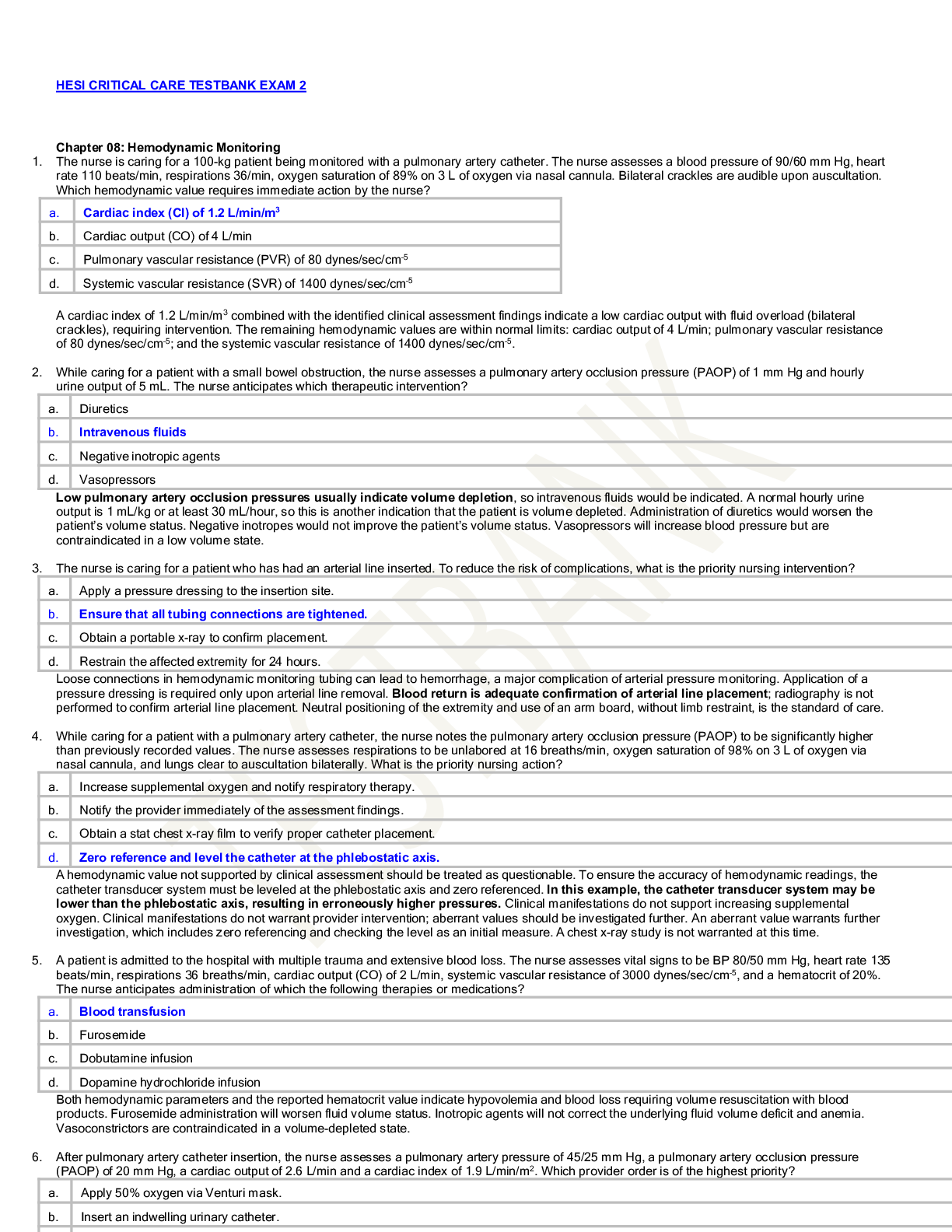 Preview of HESI CRITICAL CARE TESTBANK EXAM 2